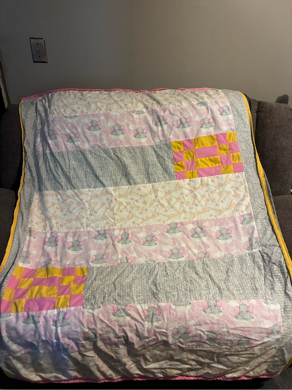 Pastel Patchwork Baby Quilt in Pink, Gray, Cream with Yellow Trim